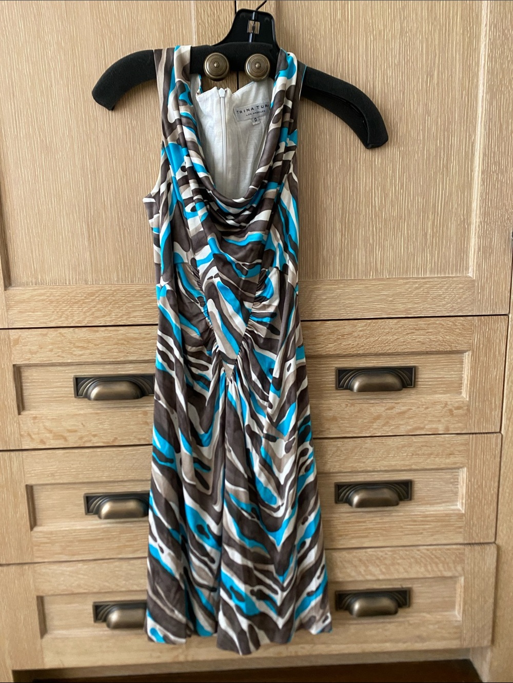 Trina Turk Blue, Brown & White Cowl-Neck Midi Dress